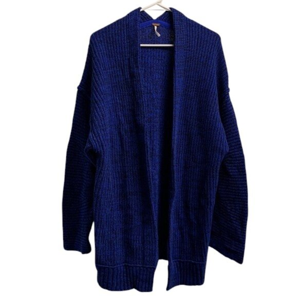 Free People Women’s L Blue Oversized Cardigan Sweater Open Front Knit Boho - Picture 1 of 11